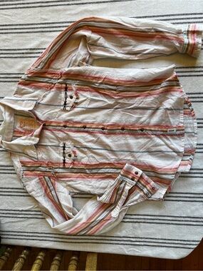 Western Striped Button-Down Shirt - Cream with Pink & Green Stripes Twenty X